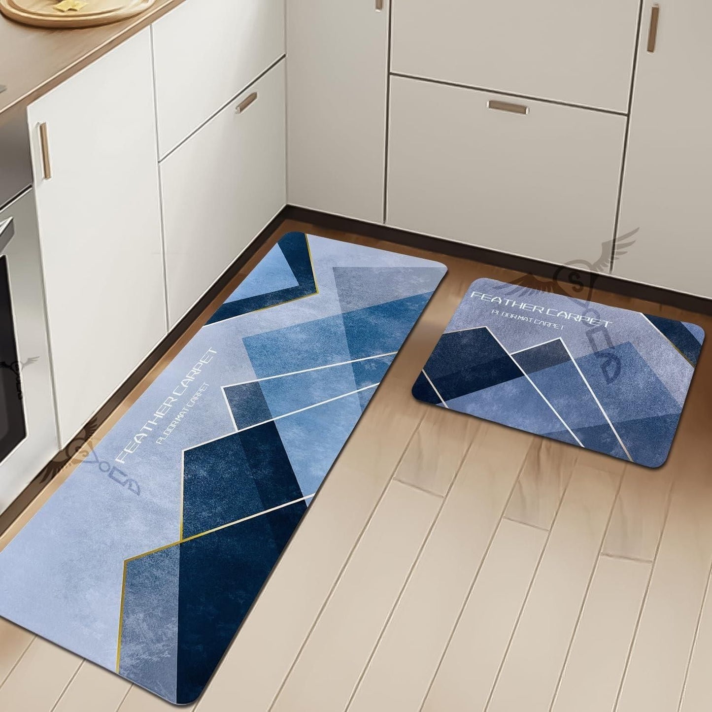 Rubber Floor Mat with Runner Geometric Pattern 2-Pcs Feather Kitchen Mats (120cm×40 cmx3 mm & 40cm×60 cmx3mm) — Waterproof, Non-Slippery & Cushioned Comfort for Kitchen, Sink, Office & Laundry.