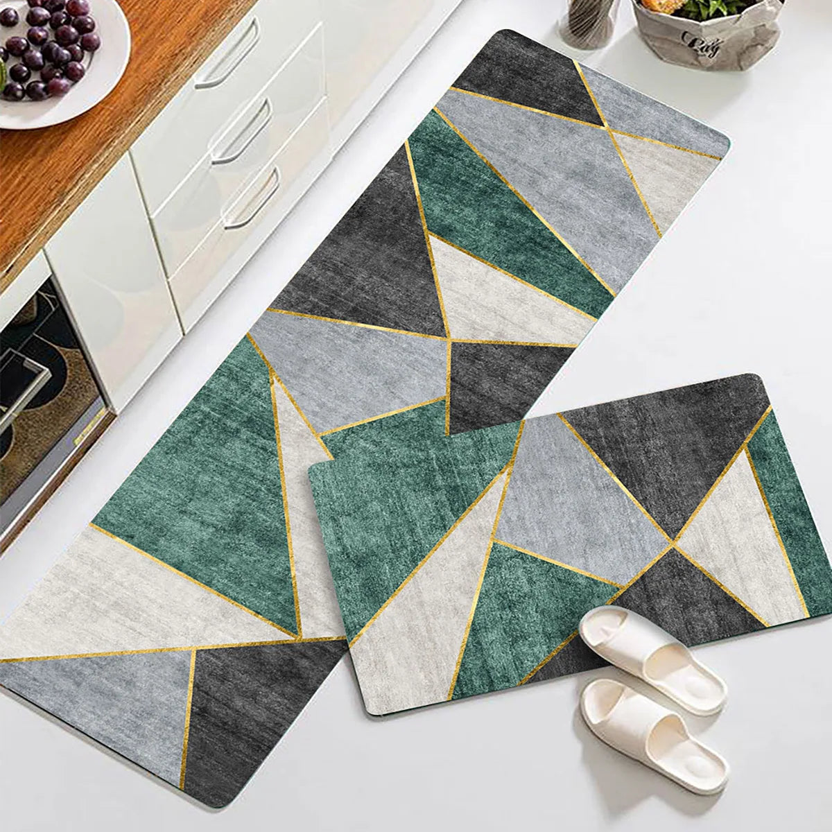 Rubber Floor Mat with Runner Geometric Pattern 2-Pcs Feather Kitchen Mats (120cm×40 cmx3 mm  & 40cm×60 cmx3mm) — Waterproof, Non-Slippery & Cushioned Comfort for Kitchen, Sink, Office & Laundry.
