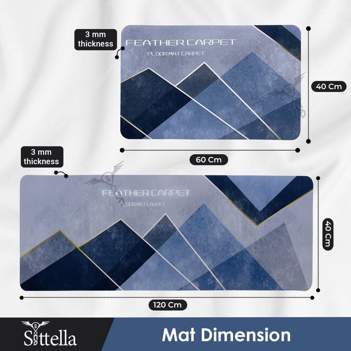 Rubber Floor Mat with Runner Geometric Pattern 2-Pcs Feather Kitchen Mats (120cm×40 cmx3 mm  & 40cm×60 cmx3mm) — Waterproof, Non-Slippery & Cushioned Comfort for Kitchen, Sink, Office & Laundry.